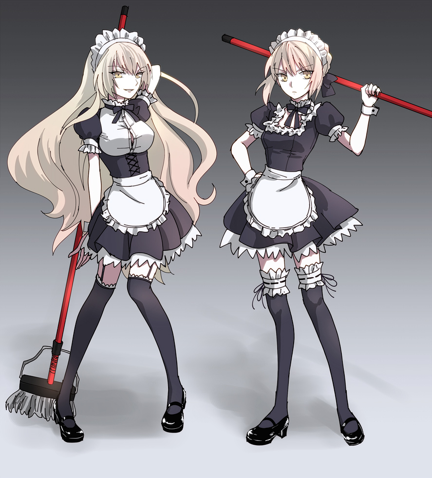 2girls alternate_costume apron arm_up black_dress black_legwear black_ribbon black_shoes blonde_hair carnival_phantasm dress enmaided fate/grand_order fate/stay_night fate_(series) frilled_dress frills full_body garter_straps jeanne_alter looking_at_viewer maid maid_headdress mary_janes mop multiple_girls neck_ribbon puffy_short_sleeves puffy_sleeves ribbon ruler_(fate/apocrypha) saber saber_alter shoes short_sleeves smile sushimaro thigh-highs trait_connection underbust waist_apron yellow_eyes