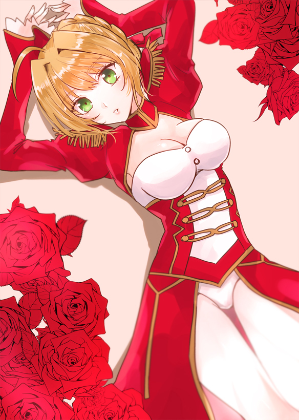 1girl ahoge blonde_hair blush breasts cleavage copyright_name dress epaulettes fate/extra fate_(series) flower frilled_sleeves frills green_eyes juliet_sleeves leotard long_sleeves looking_at_viewer lying medium_breasts on_back parted_lips puffy_sleeves red_dress red_rose rose saber_extra short_hair solo sushimaro