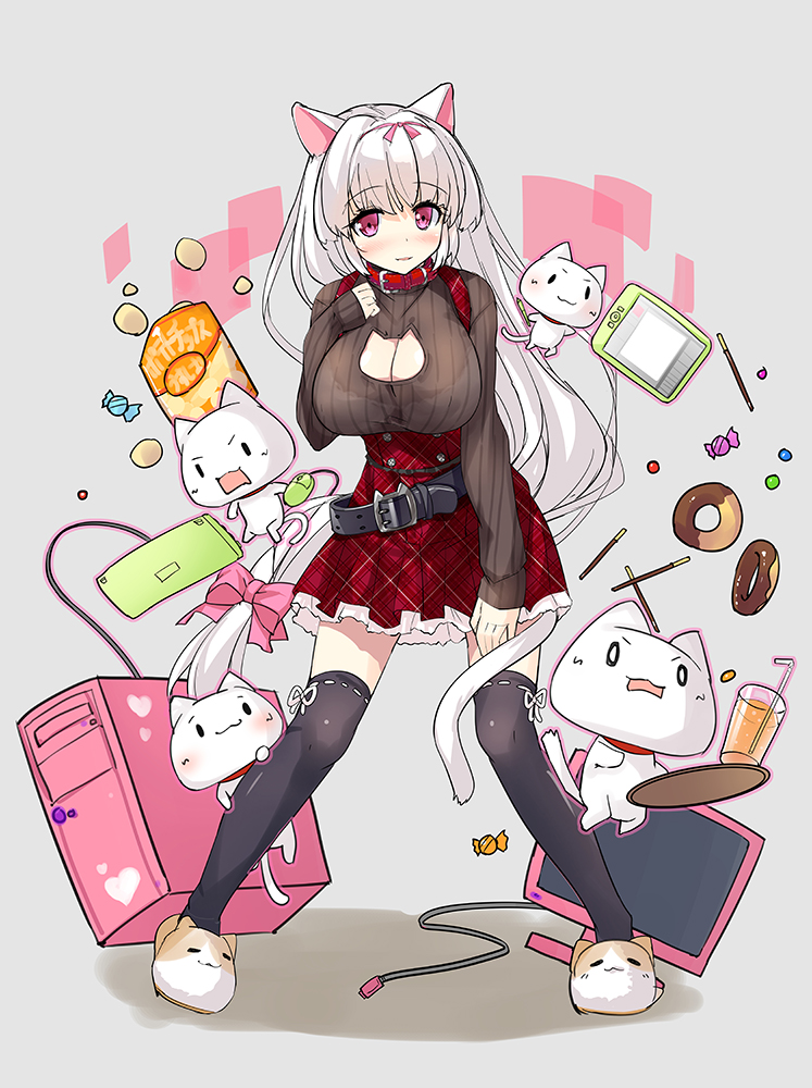 1girl animal_ears belt blush breasts cat cat_cutout cat_ears cat_slippers cat_tail chibi chips cleavage collar computer computer_keyboard computer_mouse cup doughnut drinking_glass food heart large_breasts long_hair long_sleeves low-tied_long_hair monitor original pocky potato_chips red_eyes skirt slippers sweater sweets tablet tail thigh-highs very_long_hair white_hair yanagi_yuu zettai_ryouiki