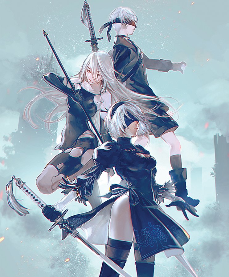 1boy 2girls bare_shoulders black_boots black_gloves black_hairband blindfold blue_eyes boots breasts choker collarbone covered_eyes elbow_gloves feather-trimmed_sleeves full_body gloves hairband leotard long_hair mole mole_under_mouth multiple_girls nier_(series) nier_automata short_hair shorts thigh-highs thighhighs_under_boots white_hair white_leotard yooani yorha_no._2_type_b yorha_no._9_type_s yorha_type_a_no._2