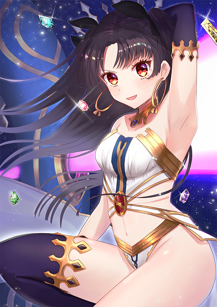 1girl armpits arms_up bangs black_bow black_legwear blush bow breasts collarbone elbow_gloves eyebrows_visible_through_hair fate/grand_order fate_(series) gloves hair_bow ishtar_(fate/grand_order) long_hair looking_at_viewer medium_breasts navel omelet_tomato parted_bangs parted_lips red_eyes single_elbow_glove single_glove sitting smile solo thigh-highs thighs tohsaka_rin two_side_up