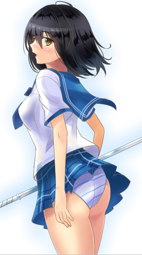 1girl ass black_hair blue_skirt blush breasts brown_eyes cowboy_shot from_side himeragi_yukina holding holding_weapon ishizu_kayu looking_at_viewer looking_to_the_side medium_breasts panties parted_lips plaid plaid_skirt polearm school_uniform serafuku skirt solo spear strike_the_blood striped striped_panties underwear weapon