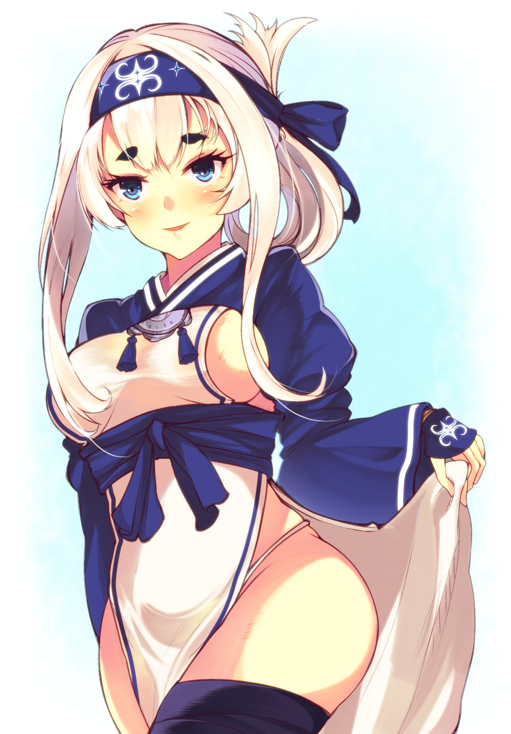 1girl ainu ainu_clothes bandanna black_legwear blue_eyes breasts commentary_request cropped_jacket dress dress_lift folded_ponytail headband highres kamoi_(kantai_collection) kantai_collection large_breasts long_hair long_sleeves looking_at_viewer mizuyoukan_(mikususannda) open_mouth sideboob sidelocks simple_background sleeveless sleeveless_dress solo thick_eyebrows thigh-highs white_dress white_hair wrist_guards