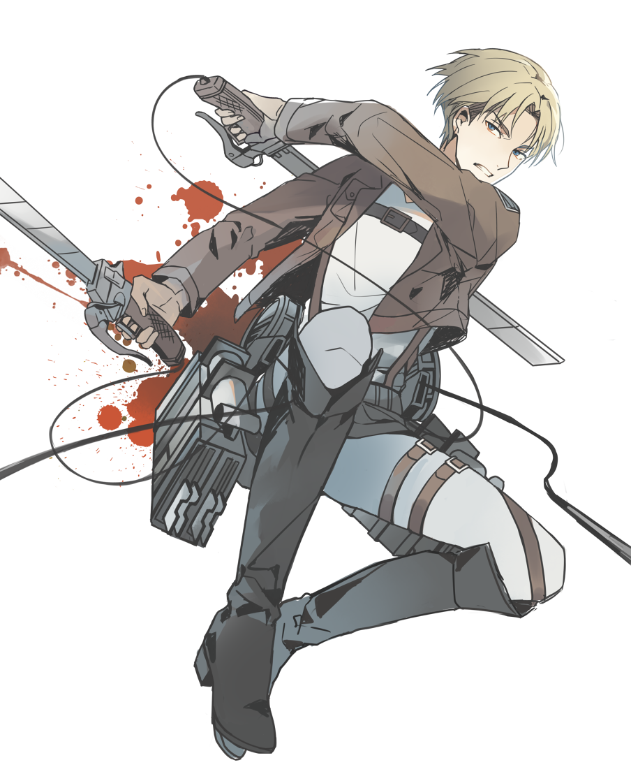 1girl androgynous blonde_hair blood blue_eyes boots brown_jacket commentary dual_wielding enlin jacket knee_boots knees_up nanaba pants shingeki_no_kyojin short_hair simple_background solo sword thigh_strap three-dimensional_maneuver_gear weapon white_background white_pants wire