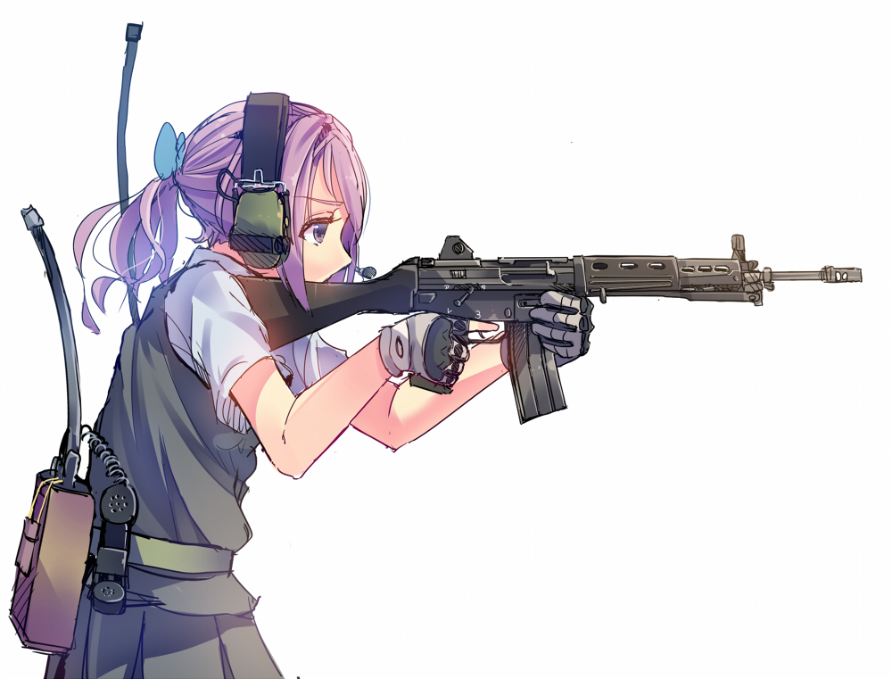 1girl aiming assault_rifle bangs blue_eyes bow commentary_request daito from_side gloves gun hair_bow headphones headset holding holding_gun holding_weapon howa_type_89 kantai_collection looking_away pink_hair pleated_skirt ponytail radio rifle school_uniform shiranui_(kantai_collection) short_sleeves simple_background skirt solo two-handed vest weapon white_background