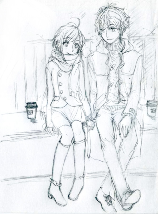 1boy 1girl ahoge boots coat datte_waka duffel_coat eyebrows_visible_through_hair full_body graphite_(medium) greyscale hand_holding height_difference jacket knee_boots looking_at_another monochrome no.6 outdoors ribbed_sweater safu scarf shion_(no.6) short_hair simple_background sitting sketch skirt smile sweater traditional_media
