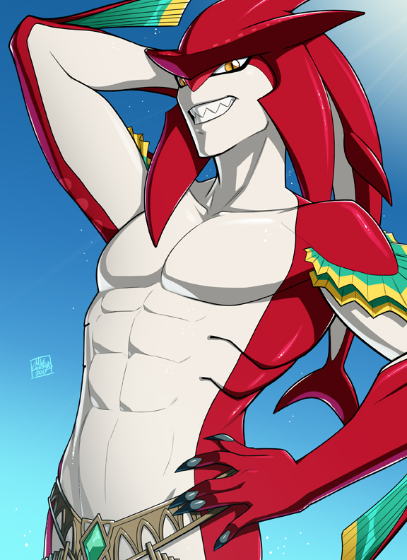1boy abs arm_up blue_sky fins fishman looking_at_viewer michael_lee_lunsford monster_boy muscle pose sharp_teeth sidon sky smile solo stomach sunlight teeth the_legend_of_zelda the_legend_of_zelda:_breath_of_the_wild yellow_eyes zora