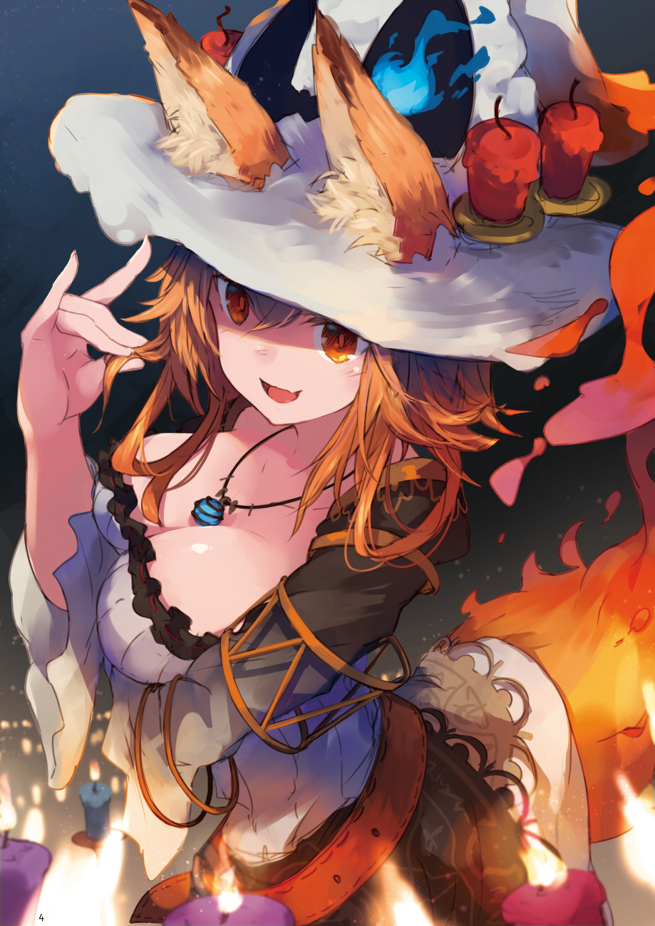 1girl :d animal_ears bangs belt breasts candle cleavage dress fang fire fox_ears fox_shadow_puppet fox_tail hair_between_eyes hair_tousle hat highres jewelry large_breasts long_hair looking_at_viewer necklace open_mouth orange_eyes orange_hair original roll_okashi smile solo tail witch_hat