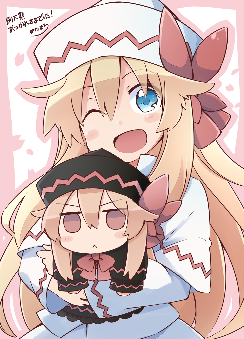 &gt;:&lt; 2girls ;d bangs black_dress blonde_hair blue_eyes blush blush_stickers bow capelet chibi closed_mouth dress dual_persona eyebrows_visible_through_hair hair_between_eyes hat highres holding lily_black lily_white long_hair long_sleeves looking_at_viewer multiple_girls no_wings one_eye_closed open_mouth ribbon simple_background smile solid_circle_eyes touhou white_dress wide_sleeves yutamaro