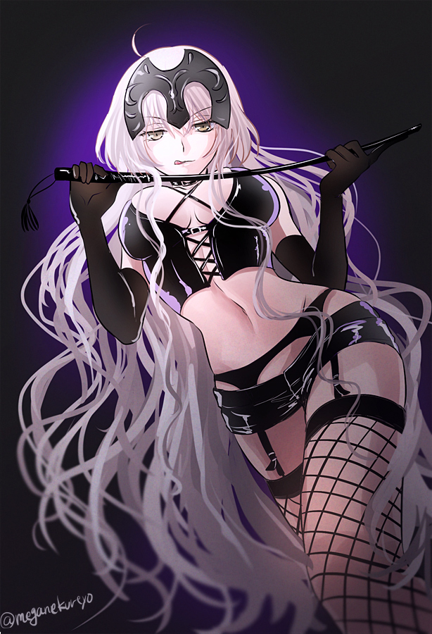 1girl :q alternate_costume black_gloves black_skirt breasts cleavage dominatrix elbow_gloves fate/grand_order fate_(series) fishnet_legwear fishnets garter_belt gloves groin headpiece jeanne_alter large_breasts licking_lips long_hair looking_at_viewer microskirt riding_crop ruler_(fate/apocrypha) skin_tight skirt solo sushimaro tongue tongue_out twitter_username very_long_hair whip white_hair yellow_eyes