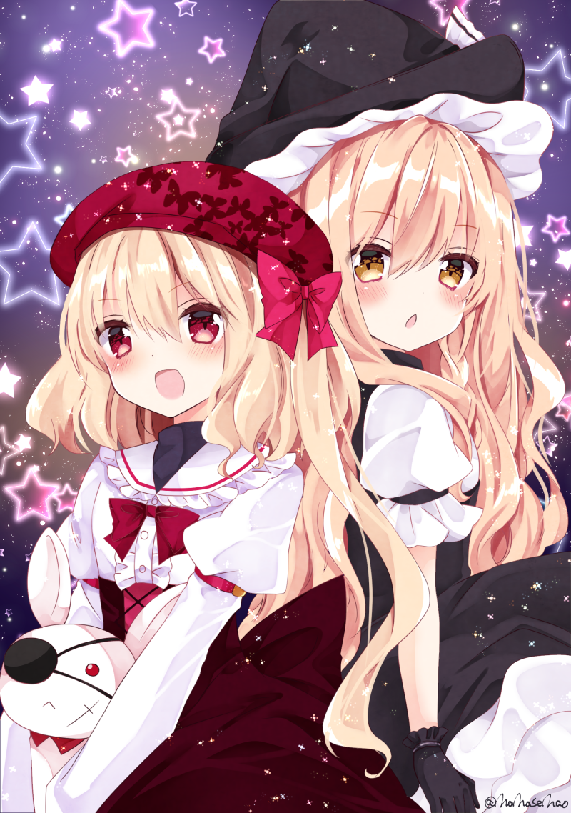 2girls black_dress black_gloves black_hat blonde_hair blush bow bowtie brown_eyes dress eyebrows_visible_through_hair flandre_scarlet gloves hair_between_eyes hat hat_bow high-waist_skirt kirisame_marisa long_hair looking_at_viewer multiple_girls nanase_nao open_mouth red_bow red_bowtie red_eyes red_hat red_skirt shirt short_sleeves signature skirt standing star touhou very_long_hair white_shirt