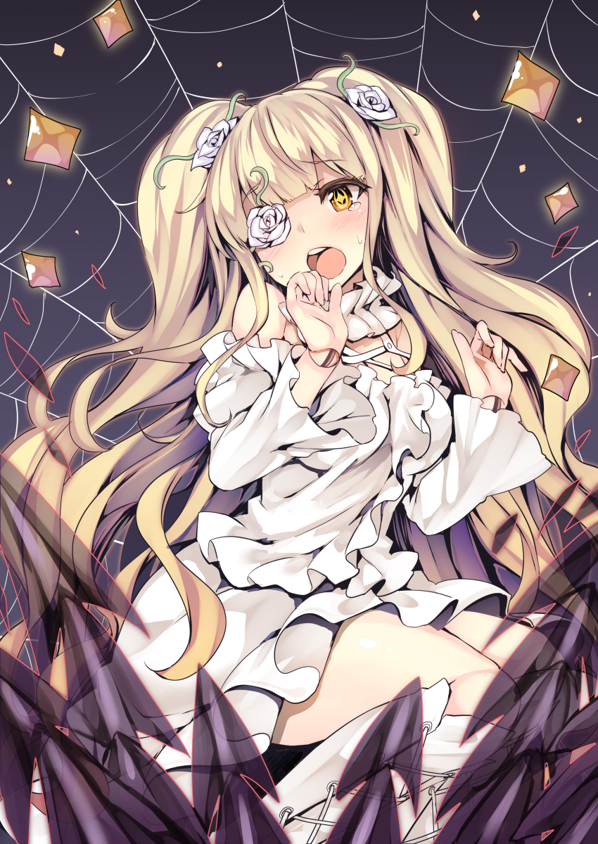 1girl bare_shoulders bent_knees blonde_hair blush breasts criss-cross_halter detached_collar detached_sleeves dress eyepatch flower frilled_sleeves frills halterneck highres kirakishou long_hair looking_at_viewer medium_breasts open_mouth pink_hair rozen_maiden silk spider_web tears thighs tousen twintails very_long_hair wavy_hair white_dress yellow_eyes