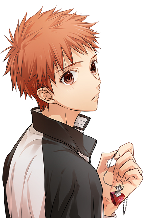 1boy akuta_michi brown_eyes brown_hair emiya_shirou fate/stay_night fate_(series) jacket jewelry looking_at_viewer necklace pendant simple_background solo track_jacket white_background