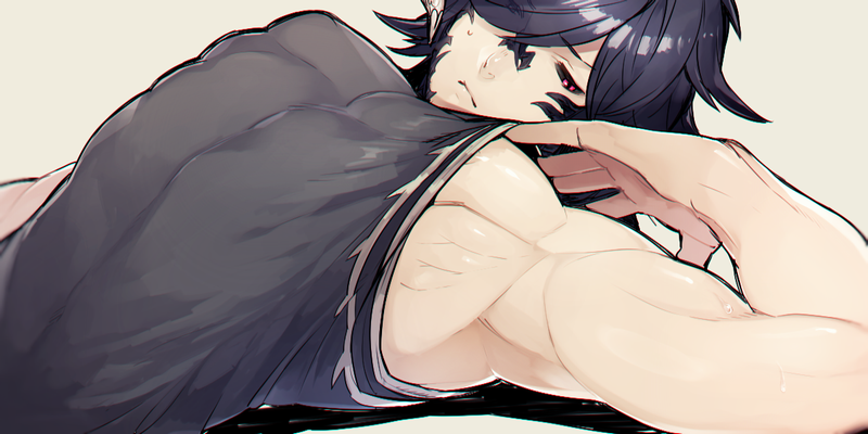 1boy armpits au_ra biceps black_hair black_sclera closed_mouth final_fantasy final_fantasy_xiv looking_down muscle red_eyes simple_background solo tank_top upper_body