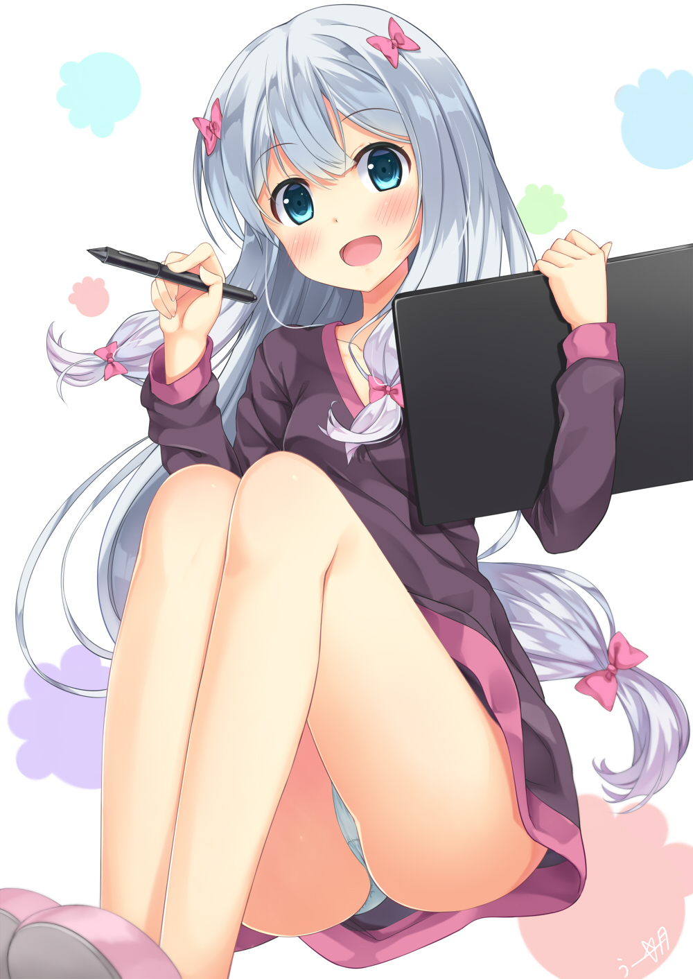 1girl :d ass bangs bare_legs blue_eyes blue_panties blunt_bangs blush bow collarbone commentary_request drawing_tablet eromanga_sensei eyebrows_visible_through_hair foreshortening fujieda_uzuki gradient_hair hair_bow highres holding invisible_chair izumi_sagiri knees_up legs_together long_hair long_sleeves looking_at_viewer low-tied_long_hair multicolored_hair no_pants no_socks open_mouth panties pink_bow pink_hair purplw_shirt shiny shiny_hair silver_hair simple_background sitting slippers smile solo stylus tablet tareme thighs underwear very_long_hair white_background