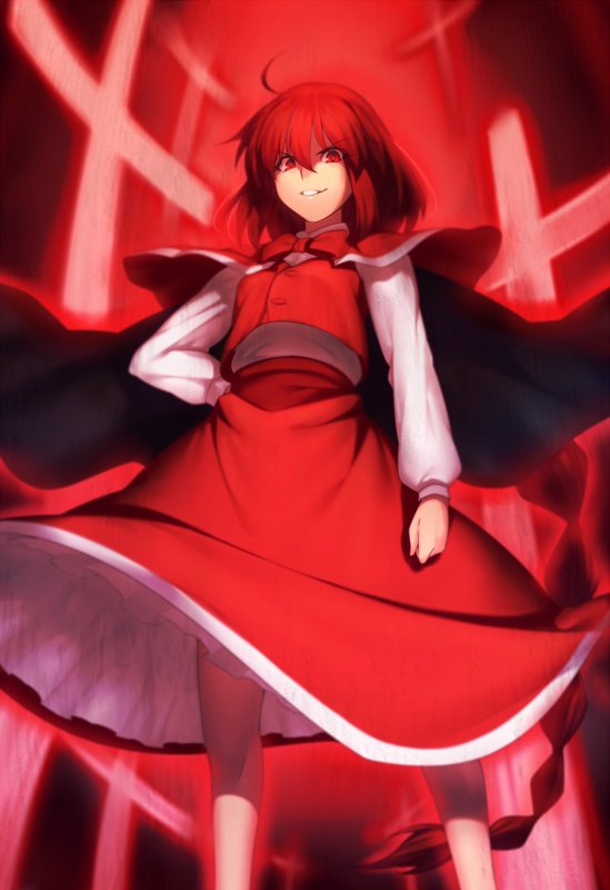 &gt;:) 1girl ahoge bow bowtie braid cape cowboy_shot cross hair_between_eyes hand_on_hip kaiza_(rider000) long_hair long_sleeves looking_at_viewer okazaki_yumemi parted_lips puffy_long_sleeves puffy_sleeves red_bow red_bowtie red_cape red_eyes red_skirt red_vest redhead single_braid skirt skirt_set smile solo standing touhou touhou_(pc-98) very_long_hair vest