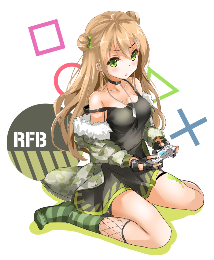 1girl angry bare_shoulders blush breasts brown_hair cleavage coat controller dog_tags double_bun fatkewell full_body game_controller gamepad girls_frontline green_eyes long_hair looking_at_viewer medium_breasts off_shoulder open_mouth rfb_(girls_frontline) sitting sketch socks solo tagme wariza