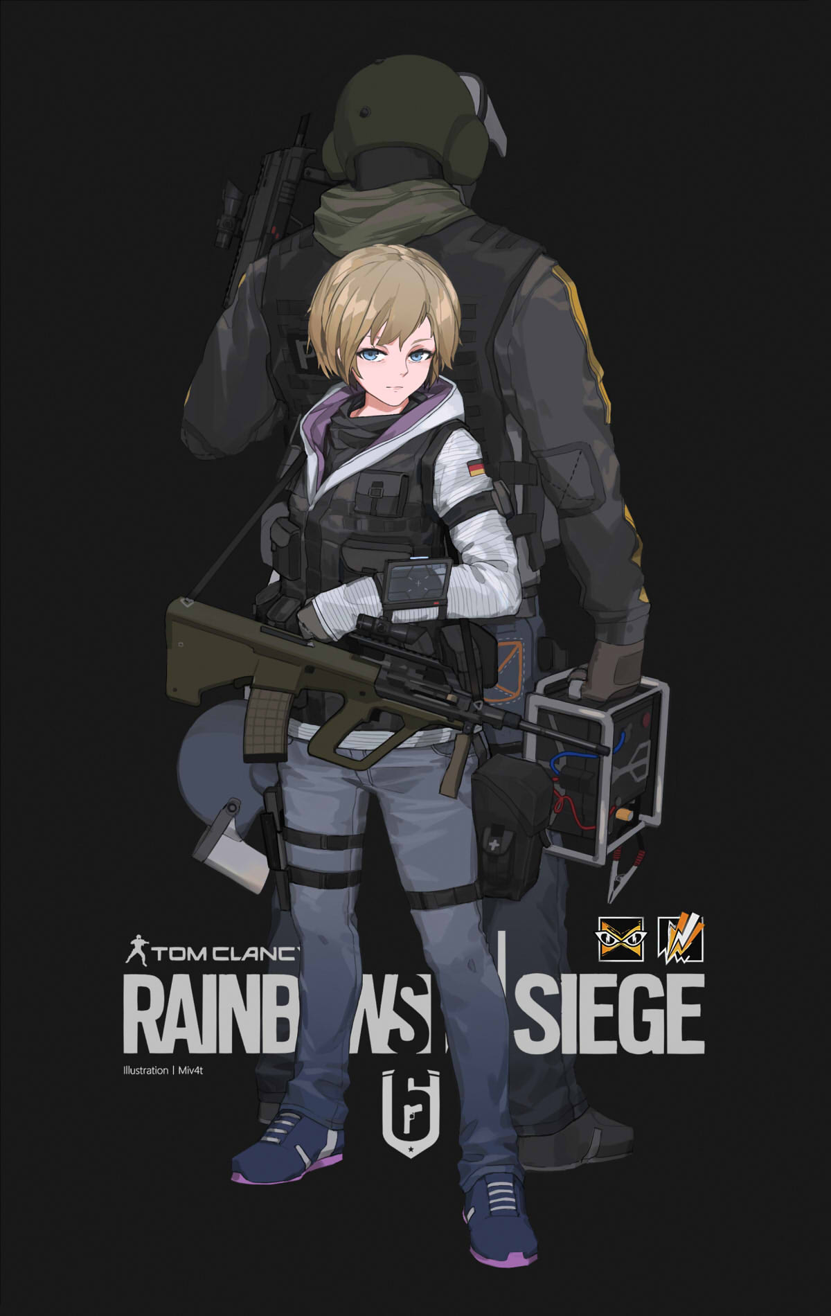 1boy 1girl bandit_(rainbow_six_siege) blue_eyes brown_hair copyright_name facing_away gun height_difference highres holding holding_gun holding_weapon looking_at_viewer looking_away mivit monika_weiss rainbow_six_siege short_hair weapon