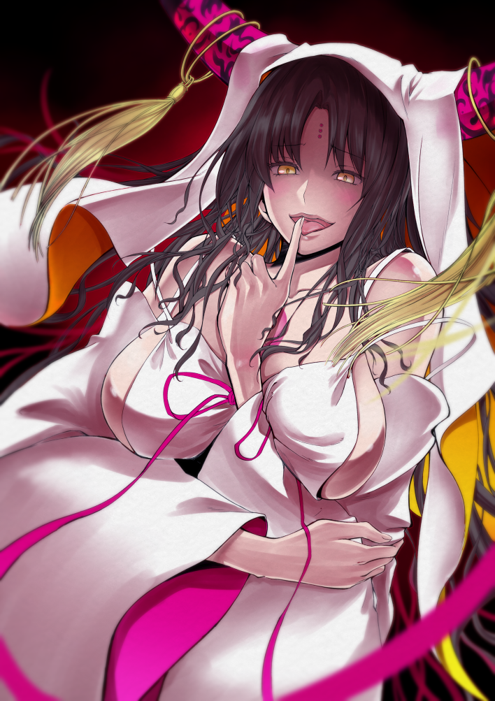 1girl :d akagane_u bare_shoulders black_hair breasts cleavage detached_sleeves facial_mark fate/extra fate/extra_ccc fate_(series) finger_licking forehead_mark horns large_breasts licking long_hair long_sleeves looking_at_viewer naughty_face open_mouth sesshouin_kiara sideboob smile solo tongue tongue_out upper_body veil very_long_hair wide_sleeves yellow_eyes