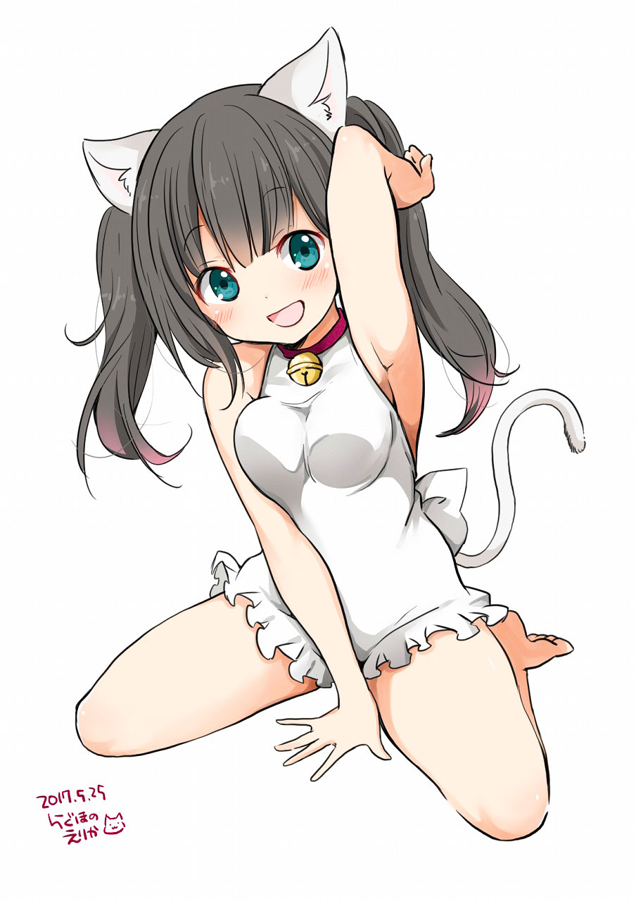 1girl :d animal_ears arm_behind_head arm_up armpits bangs bare_shoulders bell bell_collar black_hair blue_eyes blush breasts cat_ears cat_girl cat_tail collar eyebrows_visible_through_hair full_body highres long_hair looking_at_viewer medium_breasts one-piece_swimsuit open_mouth ragho_no_erika simple_background sitting smile solo sukurizo! swimsuit tail twintails