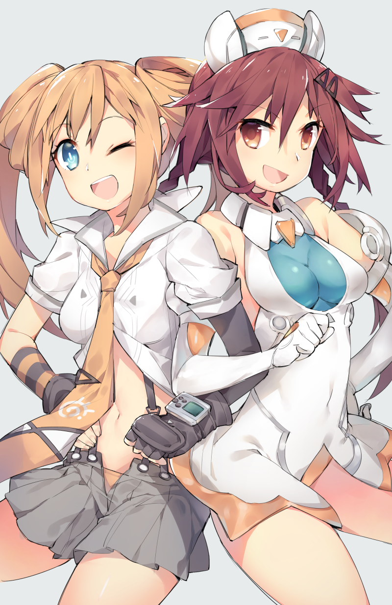 2girls alternate_costume bare_shoulders blue_eyes blush braid breasts changing_clothes costume_switch dual_persona elbow_gloves female fingerless_gloves gebyy-terar gloves grey_background hair_ornament hairclip highres leotard long_hair looking_at_viewer low_twintails medium_breasts multiple_girls neptune_(series) one_eye_closed open_mouth orange_eyes orange_hair orange_heart red_eyes redhead shin_jigen_game_neptune_vii shiny shiny_hair shiny_skin simple_background smile solo standing symbol-shaped_pupils tennouboshi_uzume tied_hair twin_braids twintails