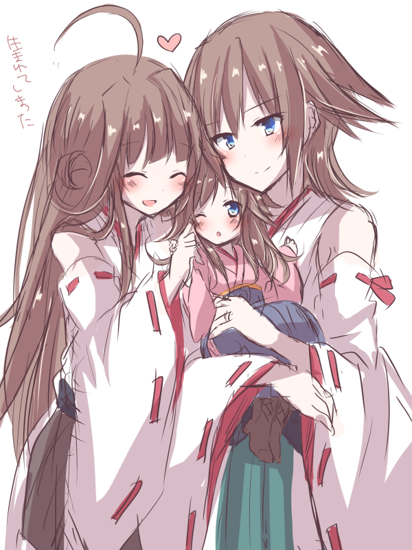 3girls ^_^ ahoge bare_shoulders blue_eyes blush brown_hair closed_eyes hiei_(kantai_collection) if_they_mated kantai_collection kongou_(kantai_collection) long_hair mother_and_daughter multiple_girls nanoha-h no_headwear nontraditional_miko one_eye_closed open_mouth short_hair sketch skirt smile translation_request wide_sleeves