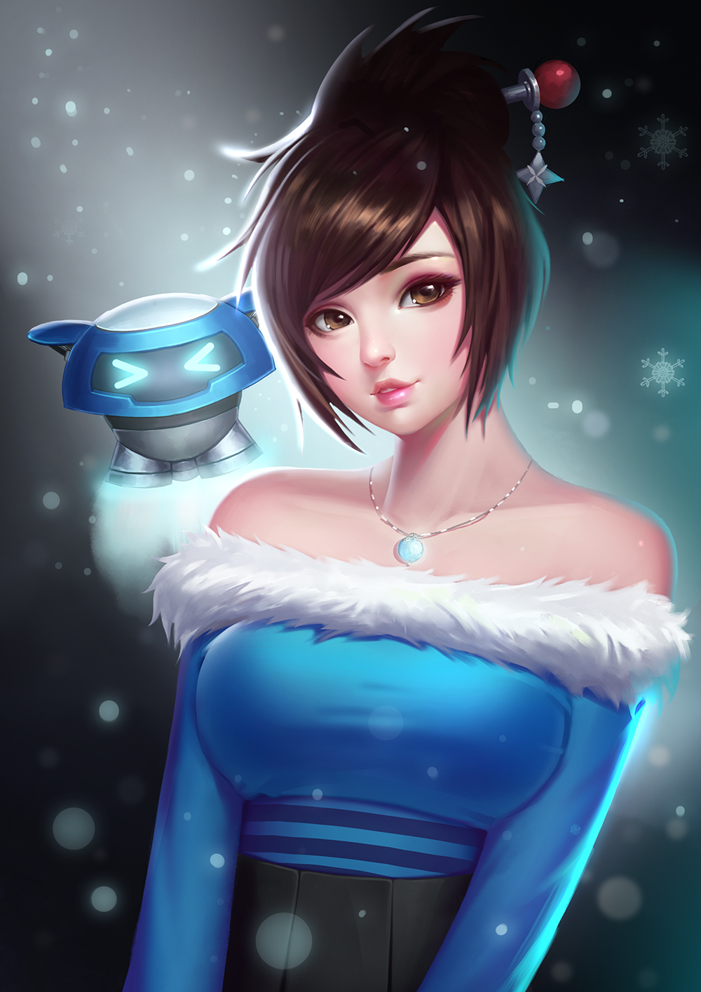 &gt;_&lt; arms_at_sides bangs bare_shoulders beads blue_dress breasts brown_eyes brown_hair closed_eyes collarbone corset dress drone eyelashes eyeshadow floating fur-trimmed_dress fur_trim gem hair_bun hair_ornament hair_stick head_tilt highres jewelry lipstick long_sleeves looking_at_viewer machinery makeup mascara medium_breasts mei_(overwatch) necklace no_glasses nose overwatch parted_lips pink_lips pink_lipstick robot short_hair smile snowball_(overwatch) snowflake_hair_ornament snowflakes snowing strapless strapless_dress swept_bangs teeth upper_body