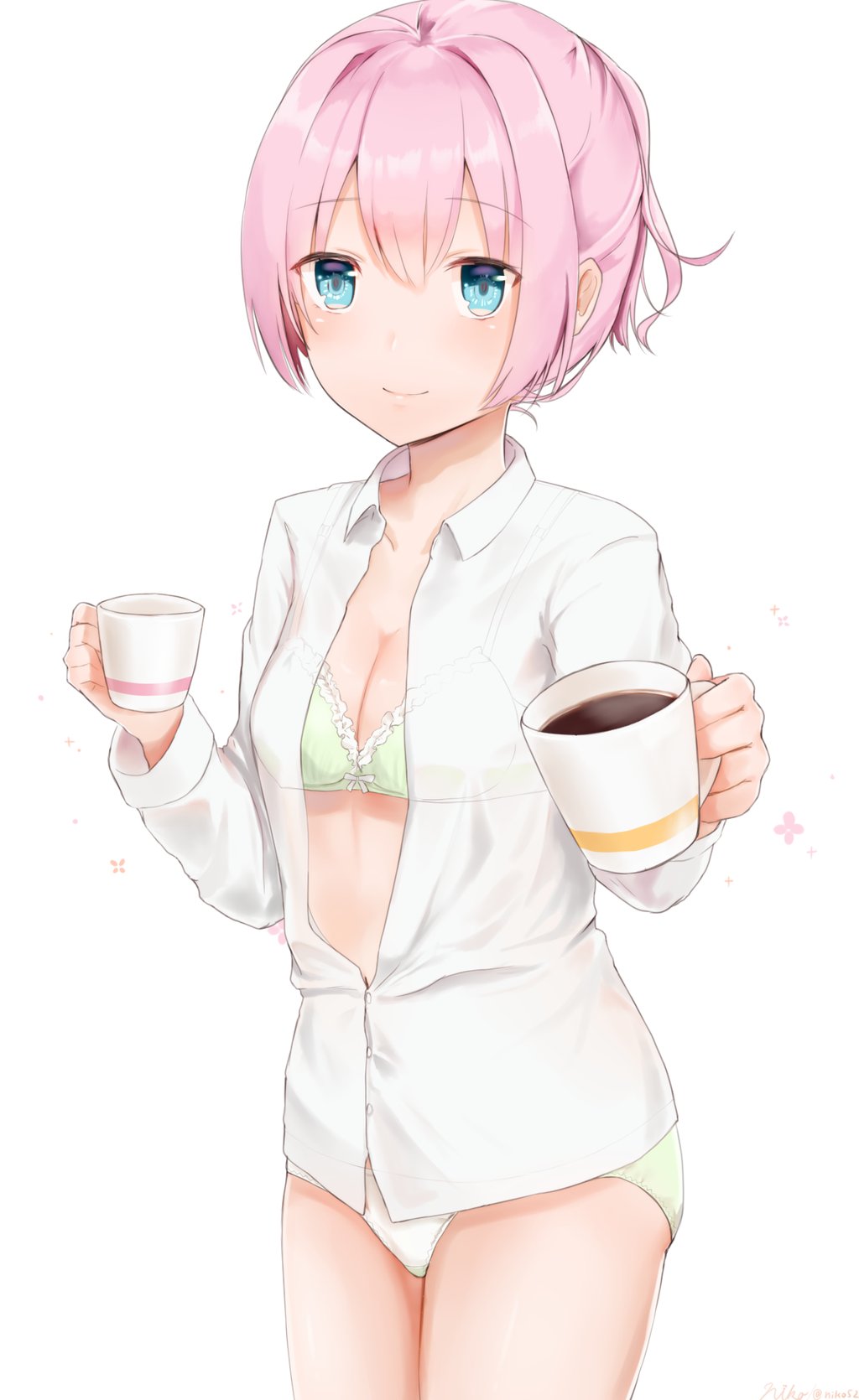 1girl bangs blue_eyes blush bra breasts cleavage coffee coffee_cup collarbone commentary_request cowboy_shot cup drink eyebrows_visible_through_hair frilled_bra frills green_bra green_panties highres holding holding_cup kantai_collection long_sleeves looking_at_viewer niko_(aiai03012) no_pants panties partially_unbuttoned pink_hair ponytail see-through shiranui_(kantai_collection) short_hair short_ponytail simple_background small_breasts solo standing tareme underwear white_background