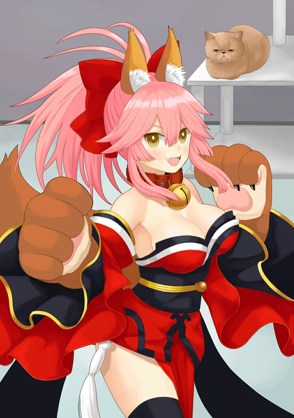 1girl animal animal_ears bell bell_collar black_legwear breasts cat cleavage collar fangs fate/grand_order fate_(series) fox_ears fox_tail grumpy_cat hair_ribbon highres large_breasts long_hair looking_at_viewer meme open_mouth ottota_b-dai paws pink_hair ribbon solo tail tamamo_(fate)_(all) tamamo_cat_(fate) thigh-highs yellow_eyes