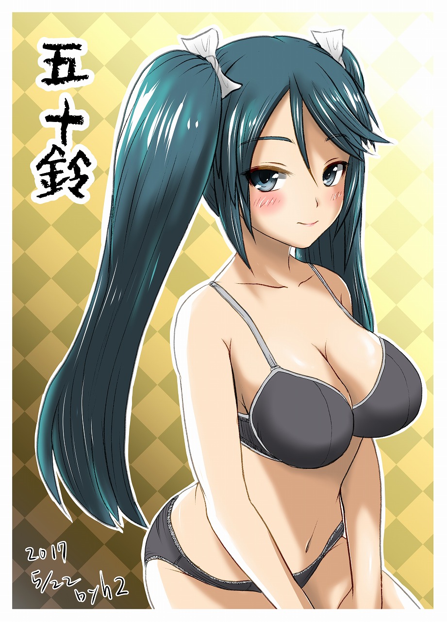 1girl aqua_hair argyle argyle_background bare_shoulders black_bra black_panties blush bra breasts clenched_hands graphite_(medium) h2_(h20000000) hair_ribbon highres isuzu_(kantai_collection) kantai_collection large_breasts long_hair looking_at_viewer navel panties ribbon smile solo traditional_media tsurime twintails underwear underwear_only