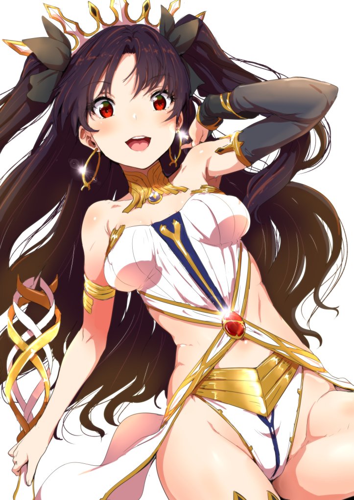 1girl :d arm armlet asymmetrical_sleeves bangs bare_arms bare_shoulders black_detached_sleeves black_hair black_ribbon blush breasts clearite crown detached_sleeves earrings fate/grand_order fate_(series) female gem hair_ribbon hand_in_hair highres hips holding holding_sword holding_weapon hoop_earrings ishtar_(fate/grand_order) jewelry long_hair looking_at_viewer medium_breasts midriff neck neck_ring open_mouth red_eyes revealing_clothes ribbon round_teeth simple_background single_sleeve smile solo stomach strapless sword teeth thighlet tiara tohsaka_rin two_side_up type-moon underwear waist waist_cape weapon white_background white_panties