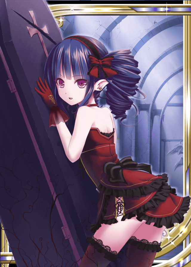 1girl against_wall akkijin black_ribbon cross damaged dress drill_hair earrings frilled_dress frills gloves gothic_lolita hair_ribbon indoors jewelry light_rays lolita_fashion long_hair looking_at_viewer looking_back pointy_ears purple_hair red_dress red_eyes red_gloves red_ribbon ribbed_dress ribbon sarcophagus shinkai_no_valkyrie short_dress smile stairs statue thigh-highs twin_drills twintails vampire_(shinkai_no_valkyrie)