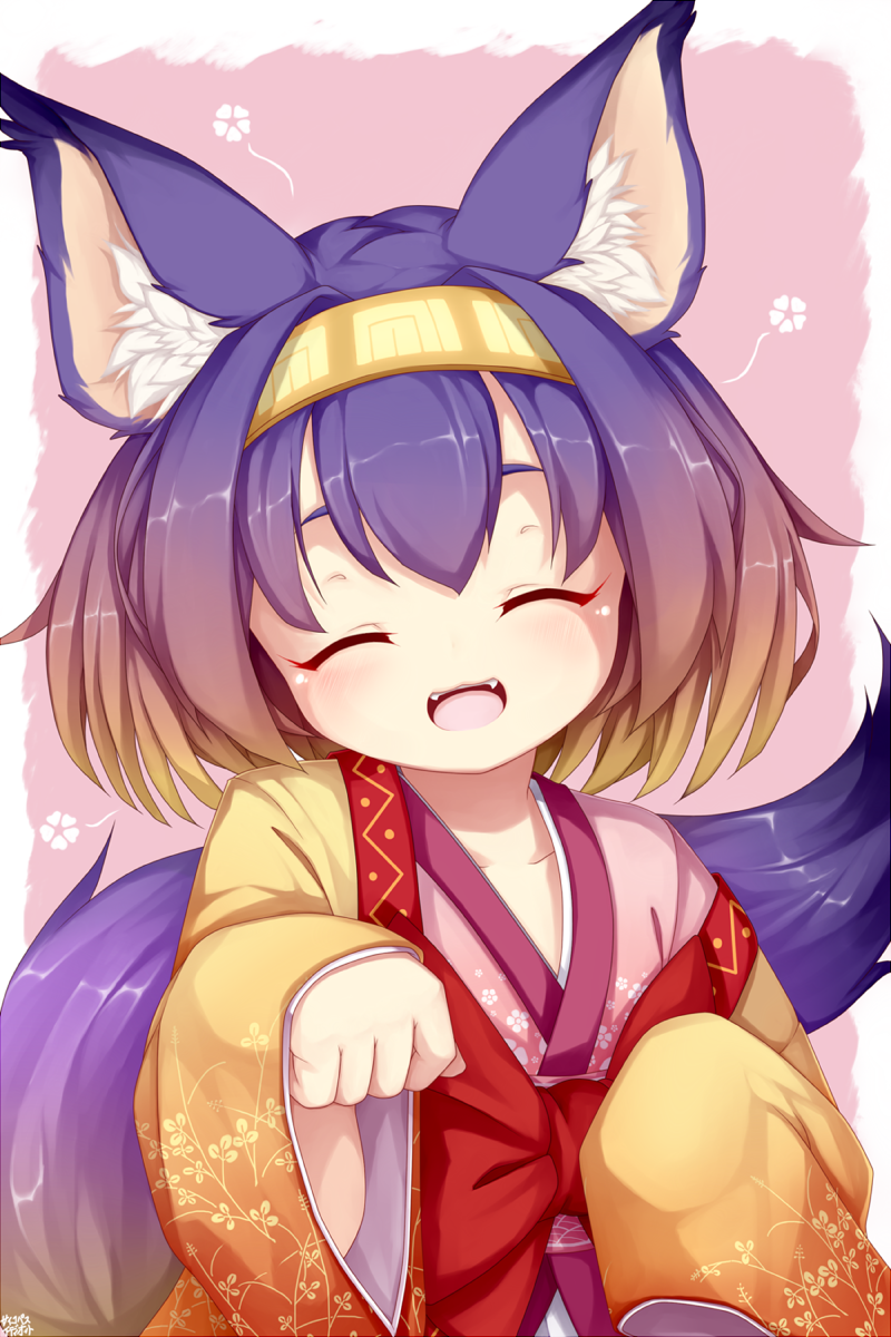 1girl :d animal_ears blonde_hair closed_eyes facing_viewer fangs floral_print fox_ears fox_tail gradient_hair hairband hatsuse_izuna highres japanese_clothes kimono multicolored_hair no_game_no_life open_mouth paw_pose psychopath_idiot purple_hair short_hair sleeves_past_wrists smile solo tail two-tone_hair wide_sleeves