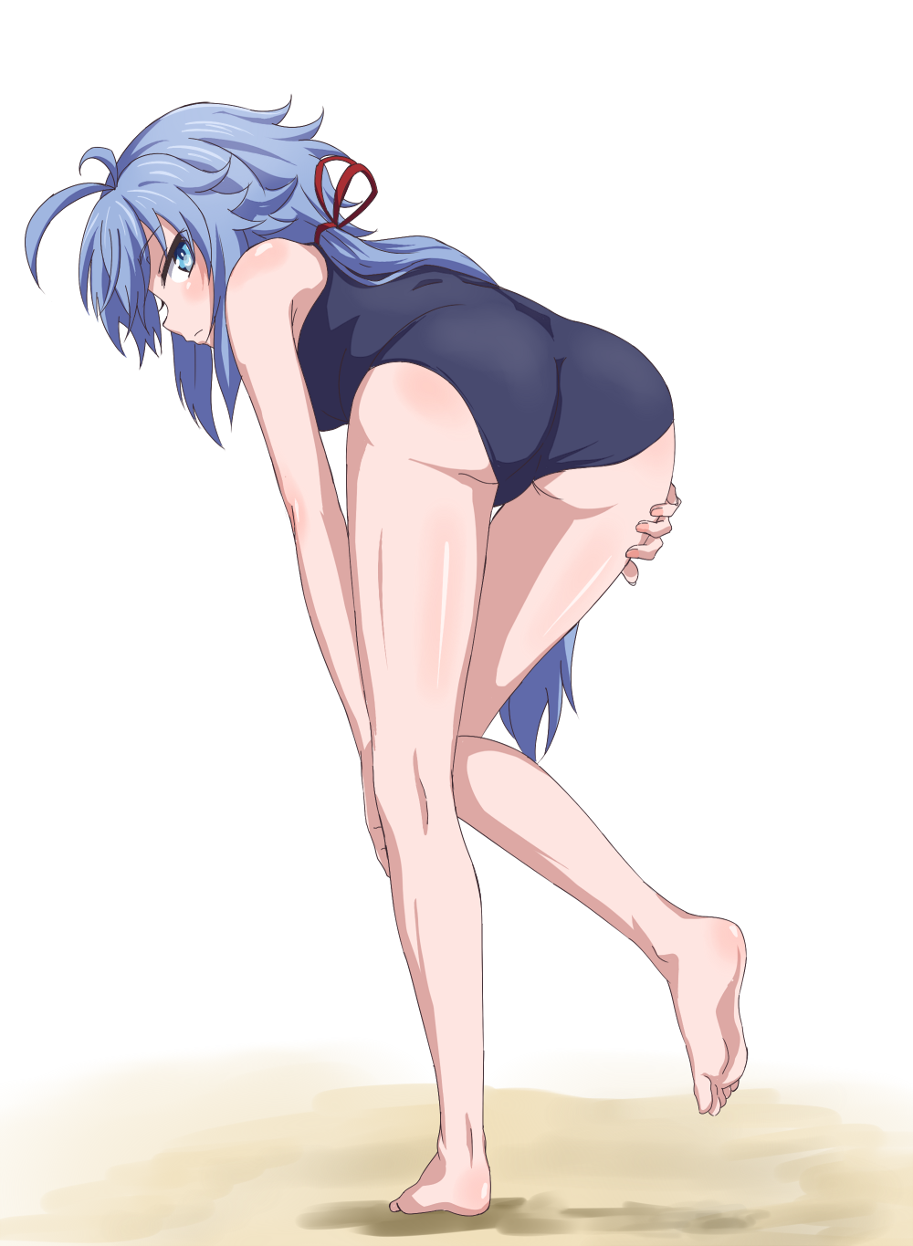 1girl ahoge ass bent_over blue_eyes blue_hair commentary commentary_request hand_on_own_knee highres legs long_hair looking_back low_ponytail rokudenashi_majutsu_koushi_to_akashic_record ryiel_rayford sand school_swimsuit swimsuit trg_(pixiv) very_long_hair white_background