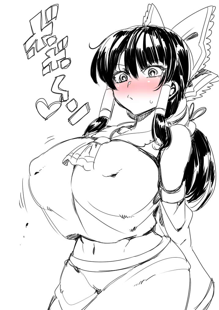 1girl blush bouncing_breasts breasts detached_sleeves erect_nipples hair_ribbon hair_tubes hakurei_reimu huge_breasts monochrome navel ponytail ribbon skirt spot_color touhou tsuki_wani