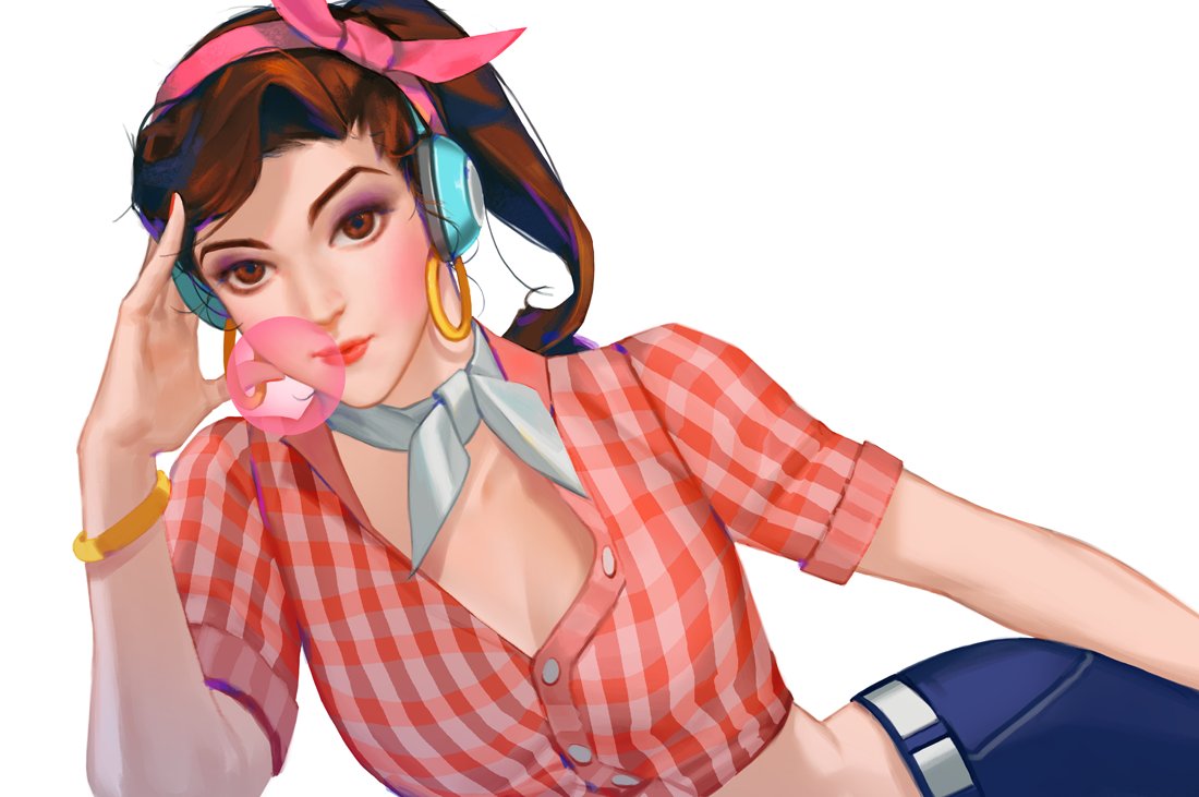 1girl ;) alternate_costume alternate_hairstyle arm_at_side arm_support bangs belt blue_pants bracelet breasts brown_eyes brown_hair bubble_blowing chewing_gum cleavage closed_mouth collarbone cruiser_d.va d.va_(overwatch) earrings fingernails front-tie_top hair_ribbon hairband hand_on_own_head hand_to_head hand_up headphones hoop_earrings jewelry looking_at_viewer lying makeup mascara medium_breasts nail_polish neck_ribbon nose on_side one_eye_closed overwatch pants pink_background pink_hairband pink_ribbon ponytail red_lips red_nails red_shirt rhor ribbon shirt short_hair simple_background smile solo swept_bangs white_background white_belt white_ribbon