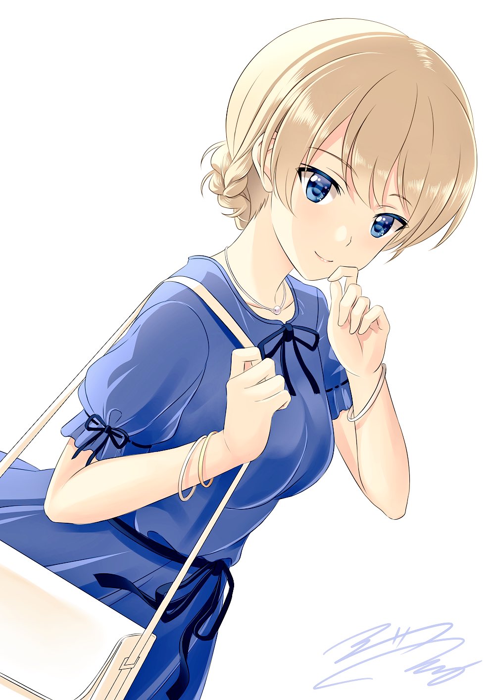 alternate_costume bag blonde_hair blue_eyes bracelet casual darjeeling dutch_angle finger_to_cheek fumika_asano girls_und_panzer handbag highres jewelry looking_at_viewer necklace short_hair smile white_background