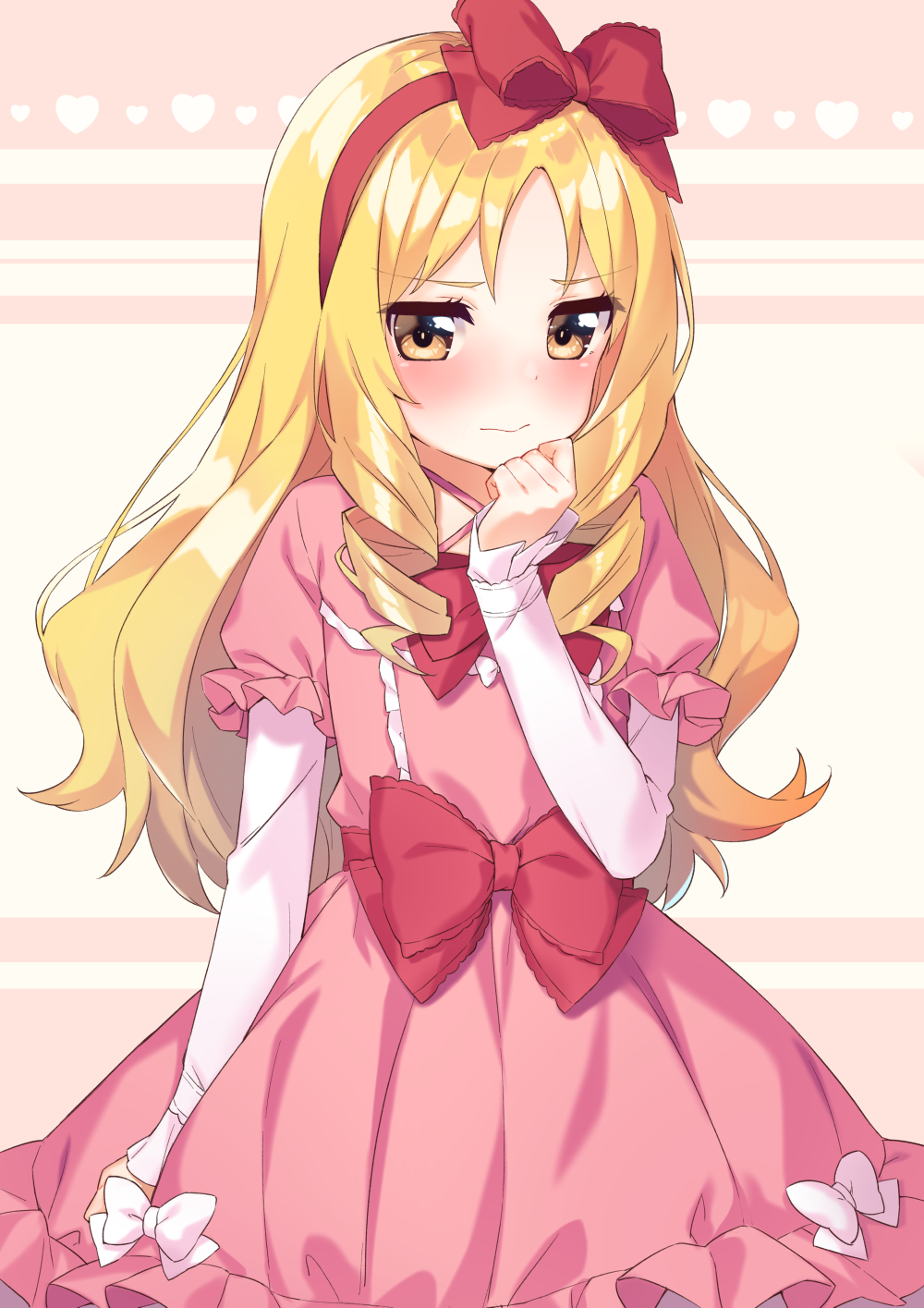 1girl arm_at_side bangs blush bow bowtie brown_eyes closed_mouth commentary_request cowboy_shot criss-cross_halter dress drill_hair eromanga_sensei eyebrows_visible_through_hair hair_bow hairband halterneck hand_on_own_chin heart highres large_bow layered_sleeves long_hair long_sleeves looking_at_viewer nervous_smile parted_bangs pink_dress red_bow red_bowtie red_hairband sash shiny shiny_hair sleeves_past_wrists smile solo standing striped striped_background tofu1601 twin_drills very_long_hair white_bow yamada_elf