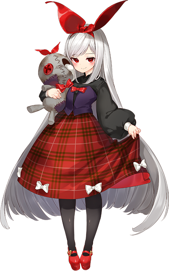 1girl artist_request bangs black_legwear bow bowtie dunnottar_(oshiro_project) eyebrows_visible_through_hair full_body hair_bow long_hair looking_at_viewer mary_janes official_art oshiro_project oshiro_project_re pantyhose plaid plaid_skirt puffy_sleeves red_bow red_footwear red_skirt shoes silver_hair skirt solo stuffed_toy swept_bangs transparent_background very_long_hair