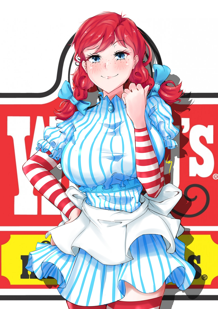 1girl blue_eyes bow braid breasts dress freckles hair_bow keikyu_(tiltedcube) large_breasts looking_at_viewer pinstripe_pattern redhead smile solo striped striped_dress striped_legwear thigh-highs twin_braids wendy's wendy_(wendy's)