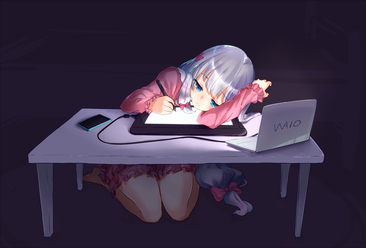 awara_t blue_eyes bow cellphone computer drawing eromanga_sensei hair_bow izumi_sagiri laptop long_hair low-tied_long_hair pajamas phone pink_bow pink_shorts shorts silver_hair sitting smartphone stylus table tablet