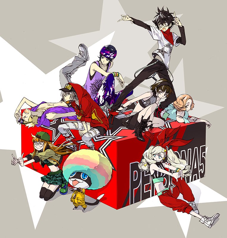 4boys 4girls akechi_gorou alternate_costume black_hair blonde_hair blue_hair brown_eyes brown_hair cat full_body glasses headphones jacket kitagawa_yuusuke kurusu_akira long_hair looking_at_viewer mask morgana_(persona_5) multiple_boys multiple_girls niijima_makoto okumura_haru orange_hair persona persona_5 ponytail sakamoto_ryuuji sakura_futaba shirt short_hair smile takamaki_anne violet_eyes yukot