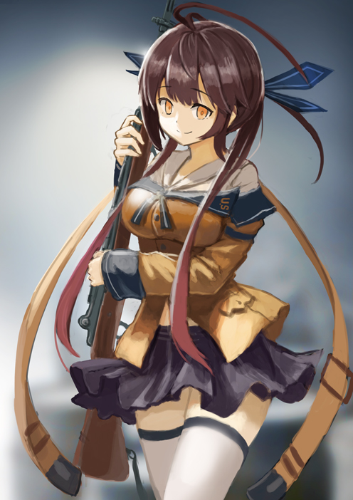 1girl ahoge battle_rifle brown_hair cowboy_shot girls_frontline gun hin'yari_(kakukuru) long_hair looking_at_viewer m14 m14_(girls_frontline) off_shoulder orange_eyes rifle simple_background skirt smile solo thigh-highs twintails very_long_hair weapon