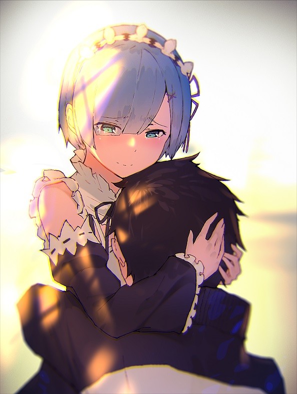 1boy 1girl black_hair blue_eyes blue_hair blurry closed_mouth detached_sleeves enj! eyebrows_visible_through_hair eyes_visible_through_hair hair_ornament hair_over_one_eye hug jacket light_smile looking_at_another maid maid_headdress natsuki_subaru re:zero_kara_hajimeru_isekai_seikatsu rem_(re:zero) short_hair smile tears track_jacket x_hair_ornament