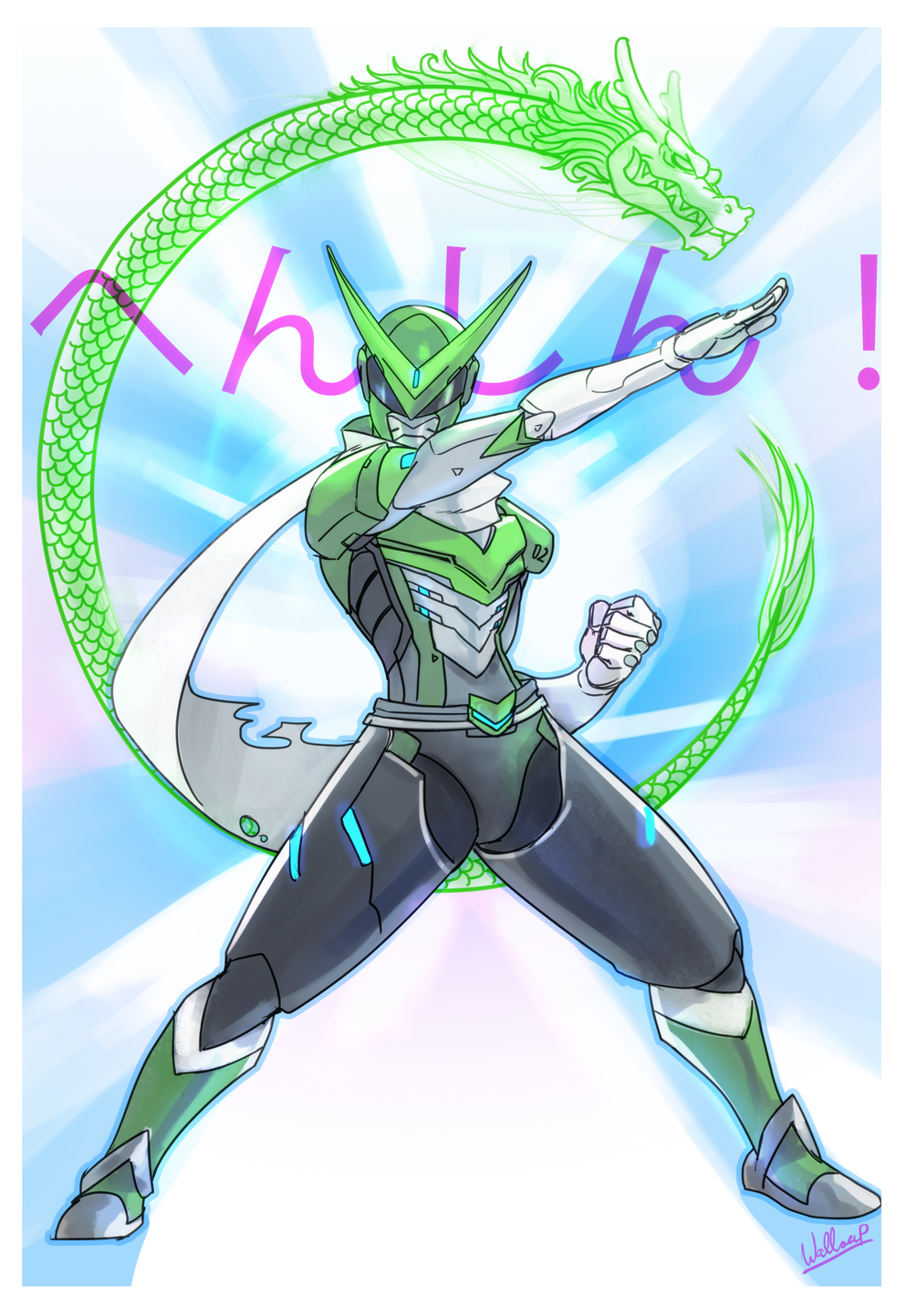 1boy alternate_costume dragon eastern_dragon emphasis_lines genji_(overwatch) helmet henshin_pose highres kamen_rider kamen_rider_1 male mask overwatch pose power_armor scarf sentai sentai_genji solo wallace_pires