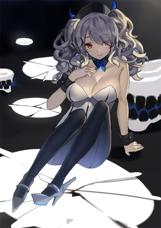 1girl alternate_eye_color bad_anatomy bad_hands bare_shoulders beret black_legwear breasts bunnysuit hat kantai_collection kashima_(kantai_collection) large_breasts long_hair miyazaki_byou pantyhose red_eyes silver_hair smile solo tongue tongue_out two_side_up wrist_cuffs