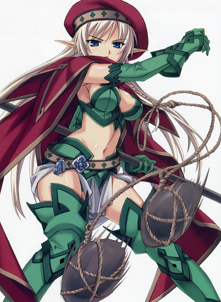 &gt;:o 1girl :o alleyne_(queen's_blade) armpits beret blue_hair boots braid breasts bustier cape cowboy_shot elbow_gloves elf gloves green_boots green_gloves hat holding holding_weapon incoming_attack lasso long_hair looking_at_viewer matsuryuu medium_breasts midriff navel open_mouth pointy_ears queen's_blade red_cape side_braid silver_hair solo stomach thigh-highs thigh_boots very_long_hair weapon