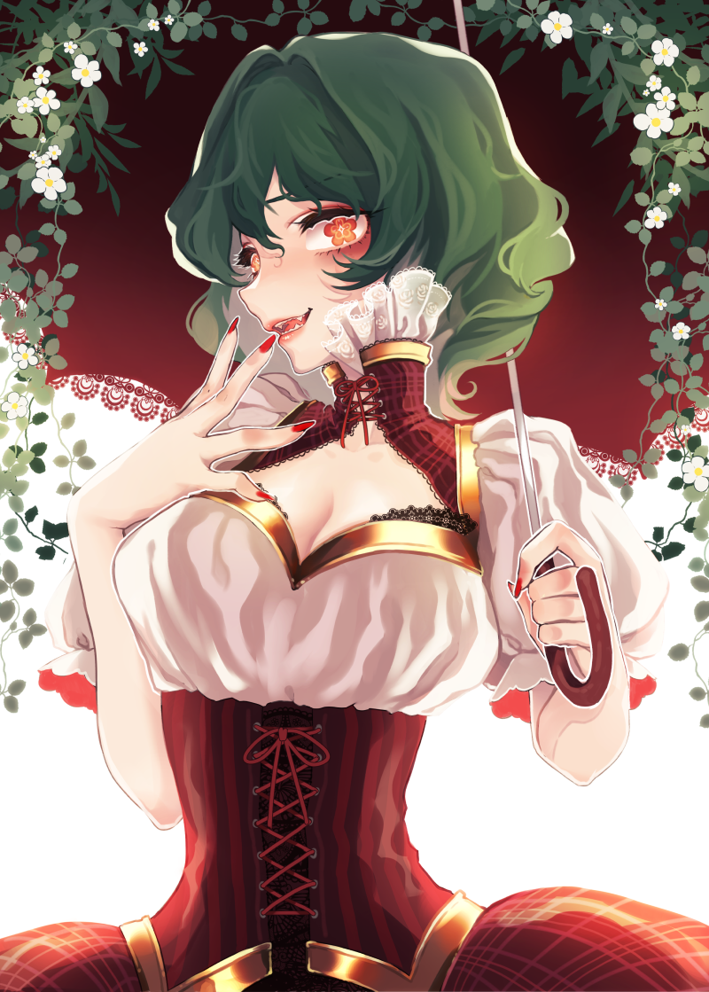 1girl black_bra blouse bra breasts cleavage collarbone corset fangs flower green_hair high_collar kazami_yuuka lace lace-trimmed_bra lips medium_breasts mokokiyo_(asaddr) parasol puffy_short_sleeves puffy_sleeves red_eyes red_skirt short_sleeves skirt solo symbol-shaped_pupils touhou umbrella underbust underwear wavy_hair white_blouse