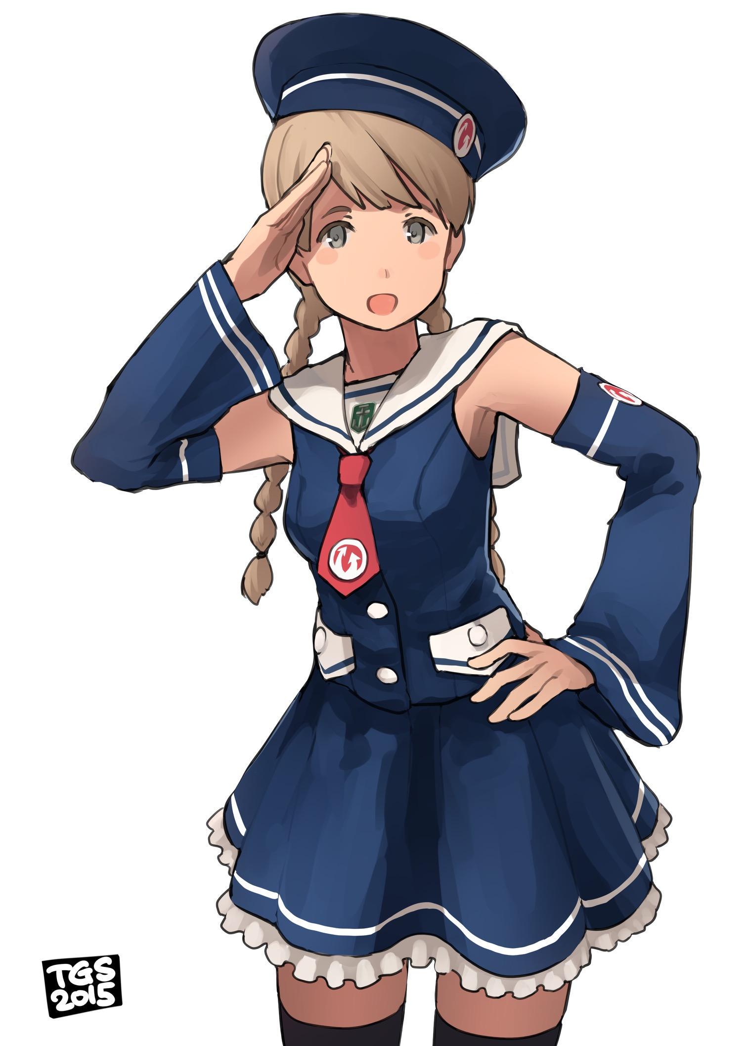 1girl :d black_skirt blue_skirt blush_stickers braid cowboy_shot detached_sleeves grey_eyes hand_on_hip highres light_brown_hair long_hair long_sleeves open_mouth sailor_collar salute shibafu_(glock23) simple_background skirt skirt_set smile solo thigh-highs twin_braids uniform wargaming_japan white_background zettai_ryouiki