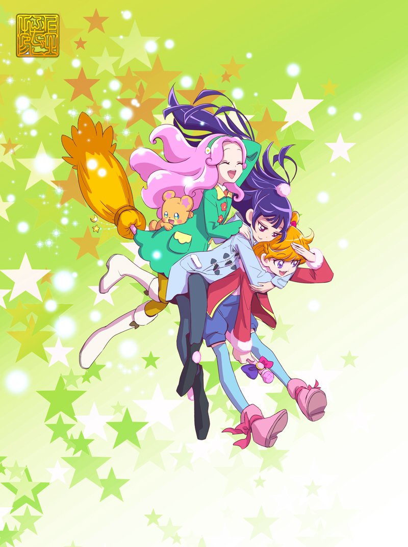 3girls arms_around_neck asahina_mirai blonde_hair boots broom broom_riding closed_eyes coat green_background hairband hanami_kotoha hug izayoi_liko kamikita_futago long_hair magical_girl mahou_girls_precure! mofurun_(mahou_girls_precure!) multiple_girls open_mouth pantyhose precure purple_hair short_hair shorts smile thigh-highs violet_eyes